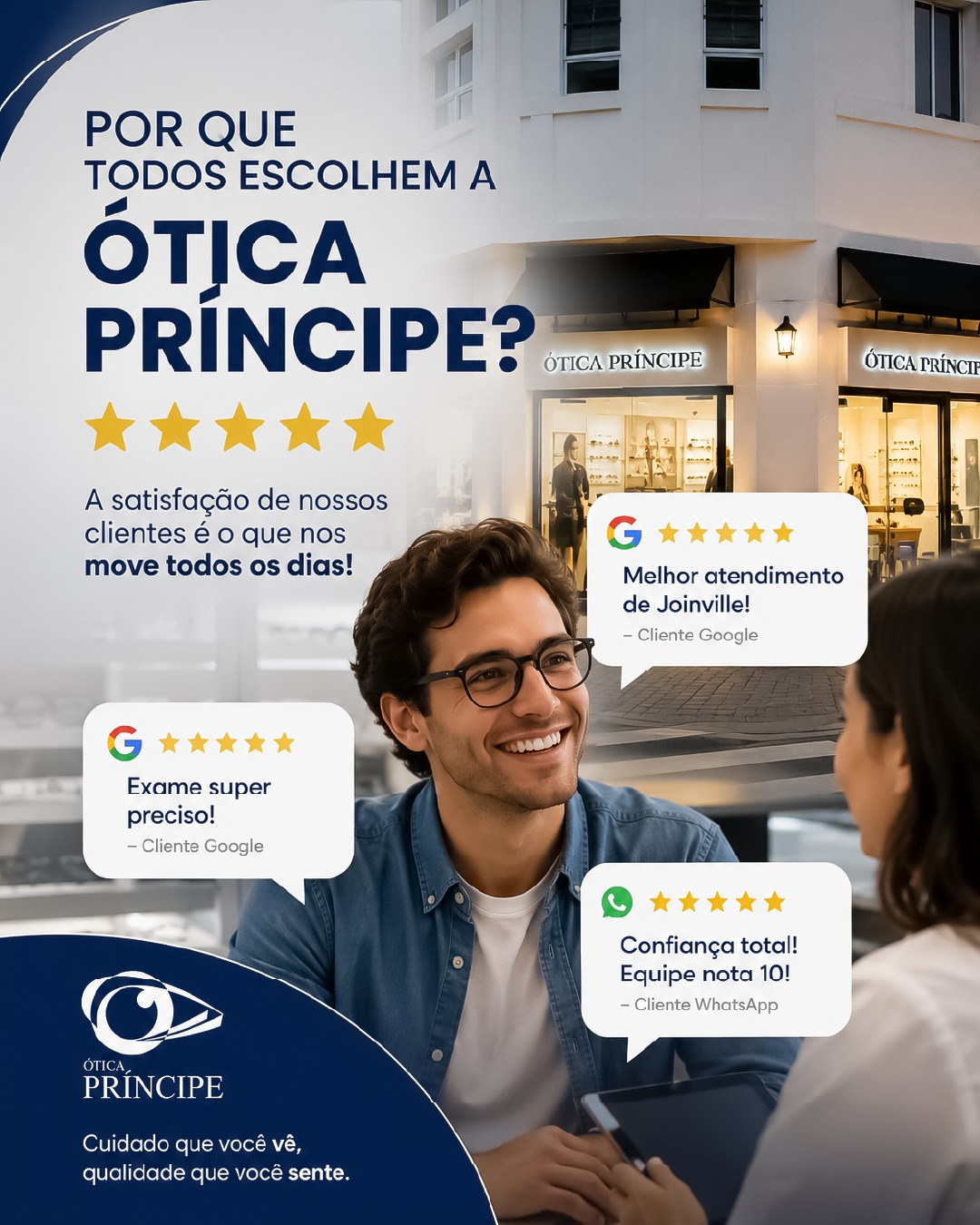 Depoimentos cinco estrelas de clientes no Google e WhatsApp sobre atendimento e exame na ótica em Joinville da Ótica Príncipe. Avaliações de clientes da melhor ótica em Joinville