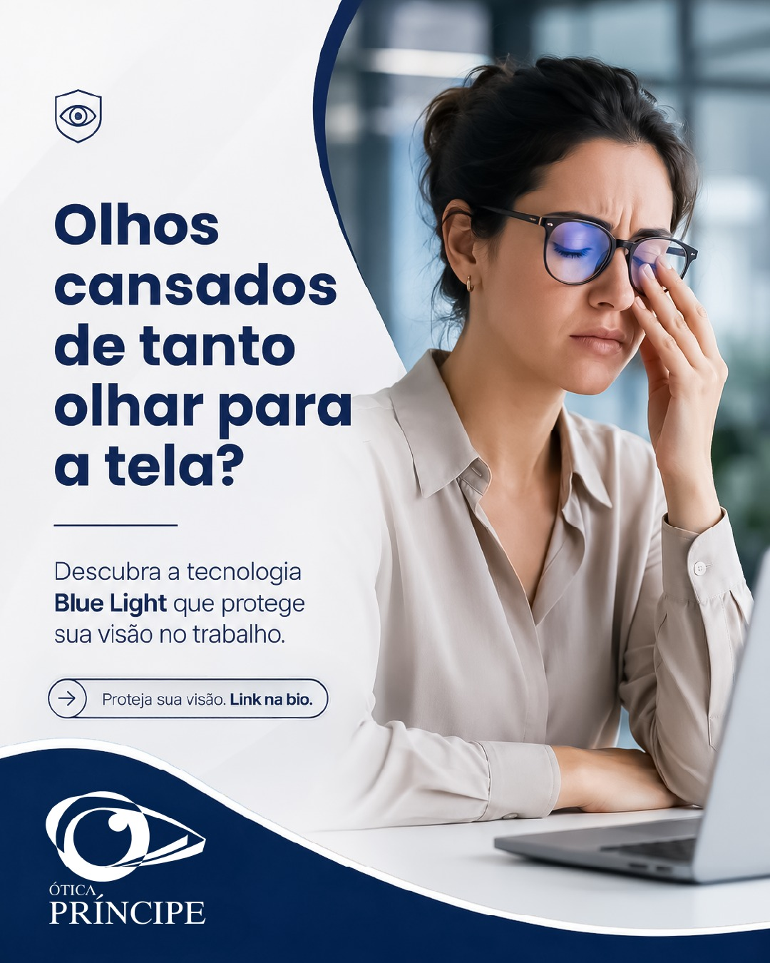 Tecnologia Blue Light para quem trabalha horas no computador, com adaptação e montagem na ótica em Joinville, Rua do Príncipe, 729. Lentes Blue Light para olhos cansados de tela na ótica em Joinville