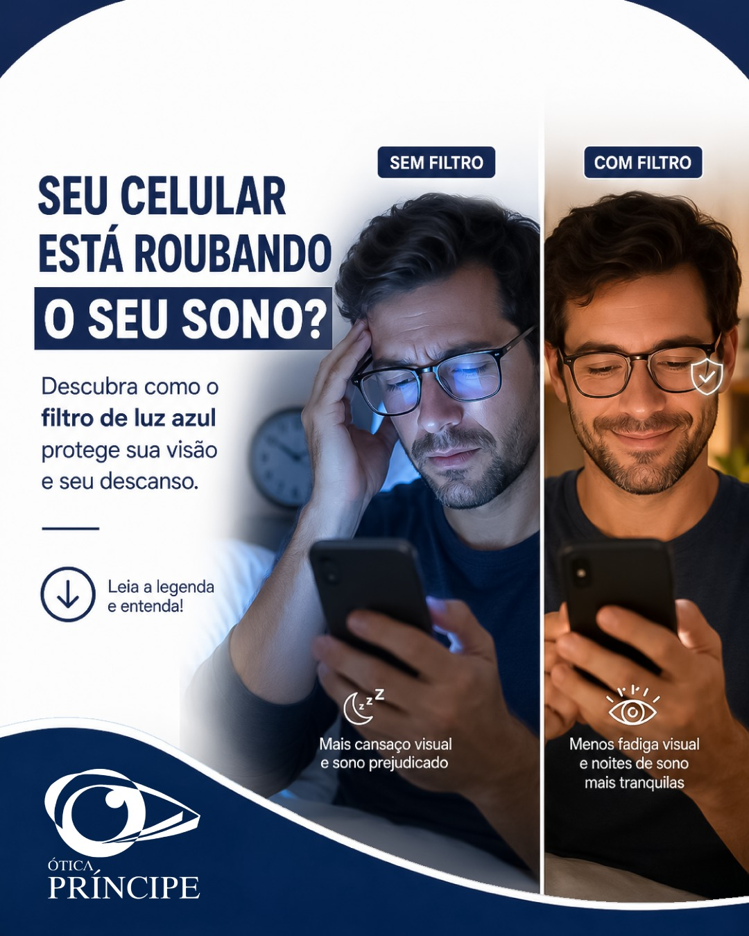 Comparativo com e sem filtro de luz azul mostrando menos fadiga visual e noites mais tranquilas, tema explicado pela ótica em Joinville. Filtro de luz azul e qualidade do sono na ótica em Joinville