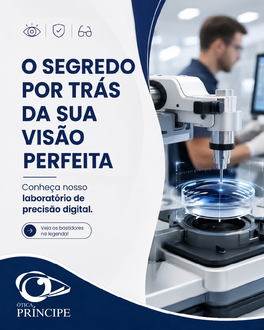 Bastidores do laboratório de precisão digital da Ótica Príncipe, o diferencial de montagem rápida da ótica em Joinville desde 1993. Laboratório próprio de montagem de lentes da ótica em Joinville